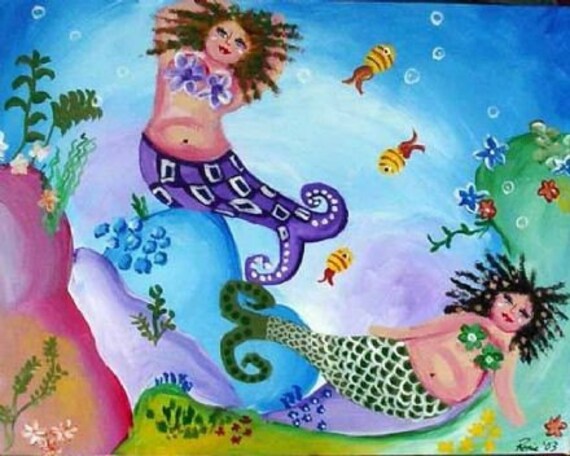 Two Colorful Mermaids Whimsical Folk Art Giclee Print