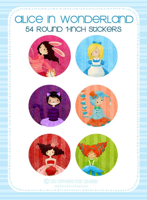 Alice in Wonderland Stickers Set of 54 Round 1inch stickers