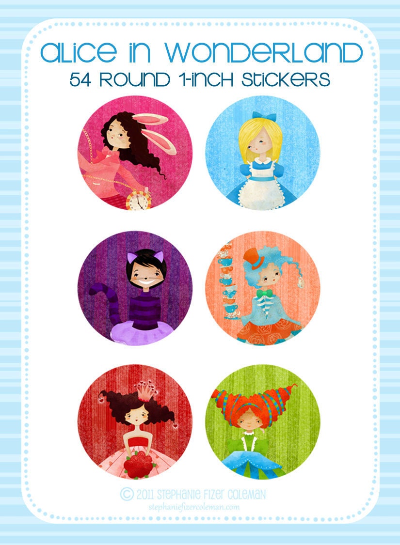 Alice in Wonderland Stickers Set of 54 Round 1inch stickers