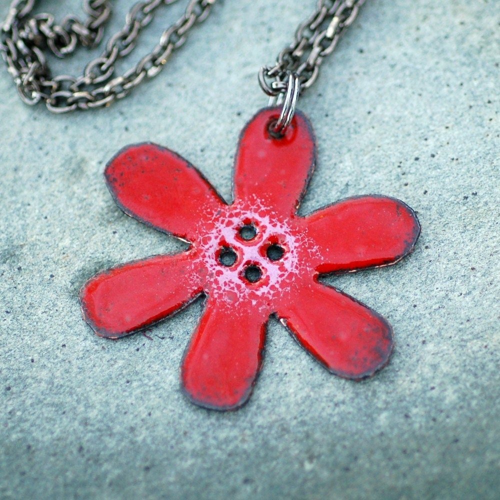 Enamel Flower Pendant Necklace Copper Red Enameled by Venbead