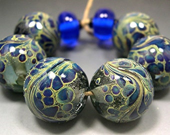 Handmade LAMPWORK Glass Bead Set DONNA MILLARD blue purple gold silver ice sra supplies