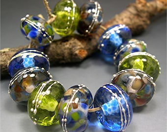HANDMADE LAMPWORK GLASS Bead Set Donna Millard ocean sea water blue green earring pair