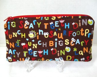 Dinosaur Zipper Pouch- Dino Words Padded Gadget Case - Boys Zip Pouch