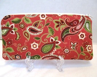 Paisley Zippered Pouch - Coral Paisley - Make Up Bag - Padded Zip Pouch