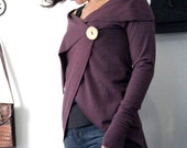 womens wrap cardigan in french terry with hand crafted wooden button closure and asymmetrical neckline - made to order