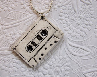 Mix Tape Porcelain Necklace in black and white - retro design