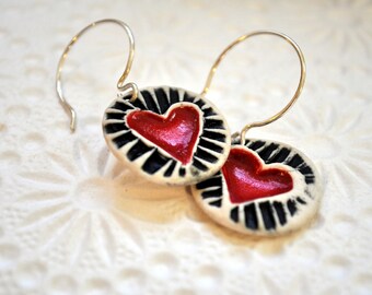 Sweet Hearts -Porcelain Heart Earrings in Black and White- hand-carved stamp design