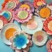Pottery Flower Component- DIY supply for crafting, jewelry making, mosaic -funky flower pink, yellow and blue with melted aqua glass