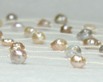 Long Tin Cup Pearl Necklace : Baroque Freshwater Pearl / White Silk Cord / Mixed Pastel Colors / 46" Long / Station Necklace / Long Strand