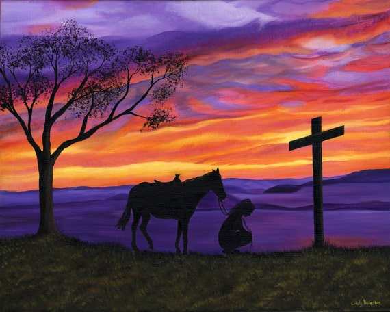 8x10 print of girl kneeling at the cross with horse at sunset