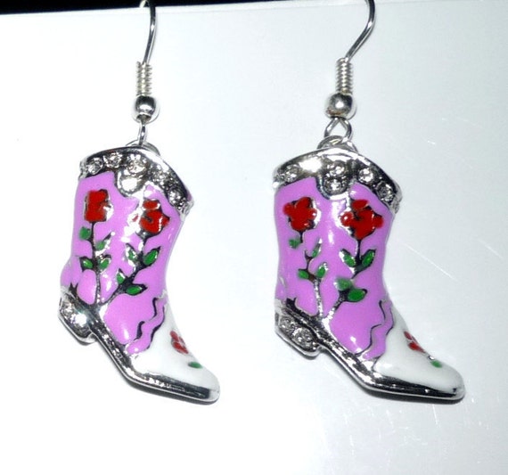 Decorative Pink Cowboy Boot Earrings Two Tone