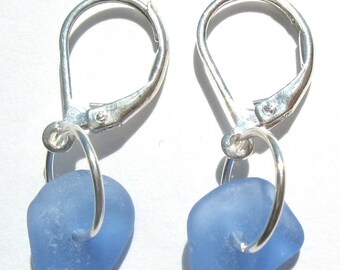 Genuine Sea Beach Glass RARE Cornflower Blue Leverback Earrings - Sterling Silver