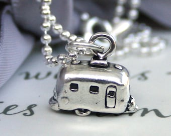 Retro Airstream Camper Sterling Silver Let's Go Camping - Tiny camper necklace