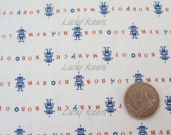 Japanese Robot March (Navy Blue/Red) on White Fabric - Half Yard
