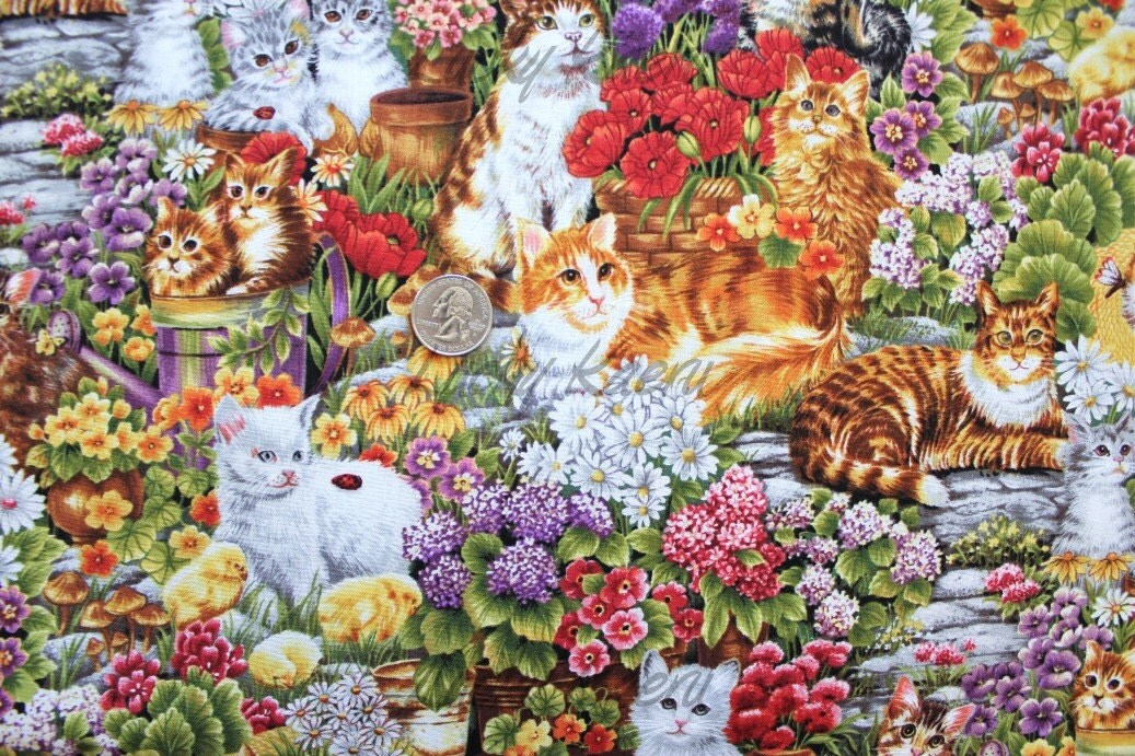 Furry Friends Cat Scenic Fabric By the Yard