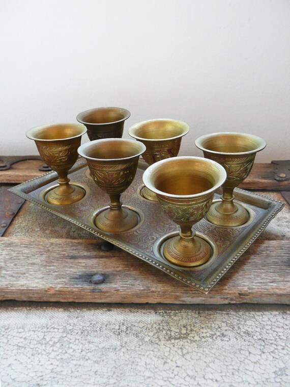 Vintage Brass Liqueur Set small goblets and tray