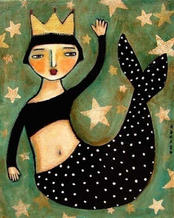 cardstock print 8x10 Folk Art by folk art Primitive PRINT MERMAID painting of