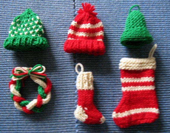 Hand Knitted Mini Christmas Ornaments Hats Wreath by SoManyWeeds
