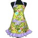 Carnations Kitchen Apron Green with Purple Gingham , Retro Hostess Style with Ruffle