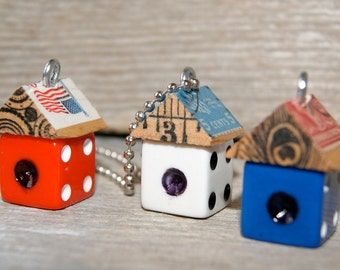 Funky Little Red White and Blue Dice Birdhouse House Necklace Charm Pendant Keychain - Patriotic - Art By Heather - Ready To Ship