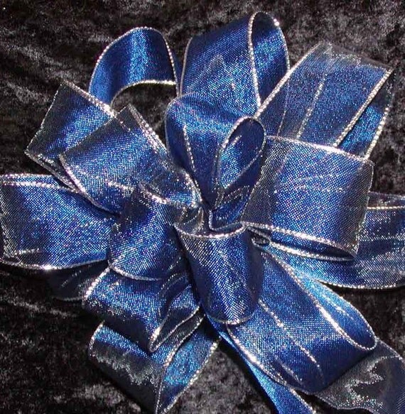 Blue and Silver Wire Edged Ribbon Bow Tree Topper Package
