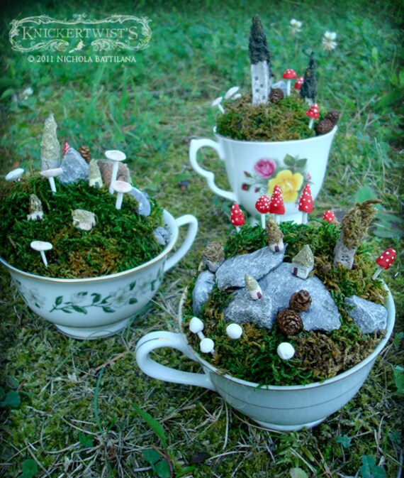 Fairy town in a teacup Faerie Houses Moss and Mushrooms Oh
