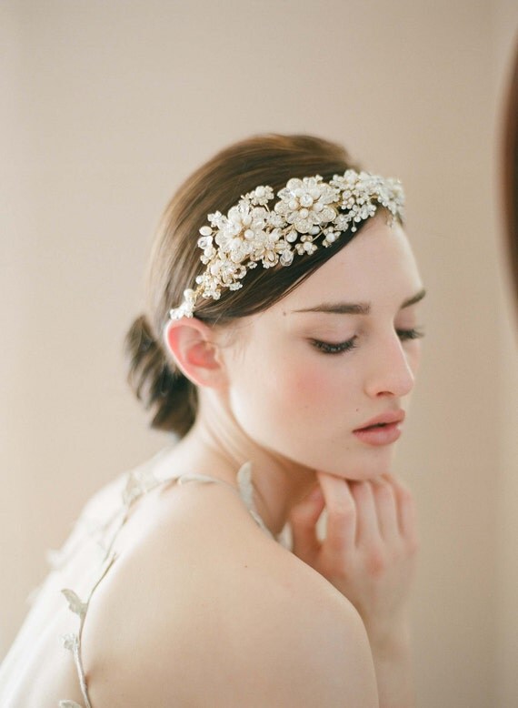 Items similar to Bridal headpiece, tiara, headband - Golden flower and ...