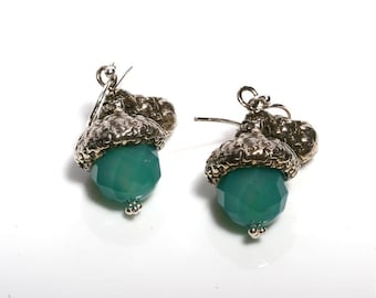 Adorable Organic Sterling Silver with Green Onyx Acorn Earrings by Zulasurfing