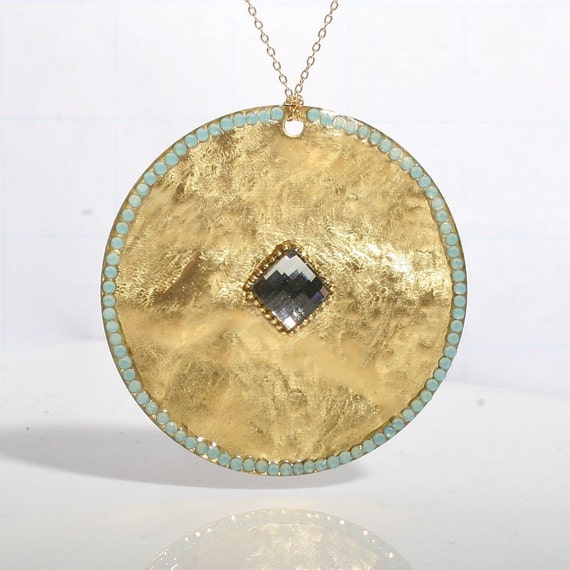 Rich Gold disk with Swarovski crystal Necklace by Zulasurfing