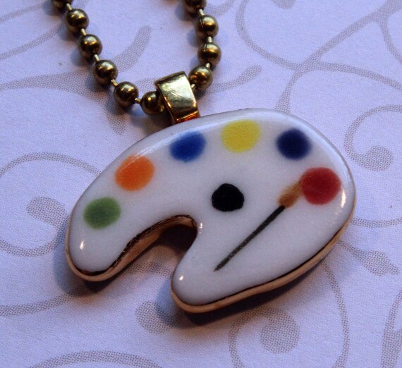 Artist Palette Pendant Necklace Handmade Porcelain Ceramic