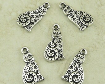 TierraCast Laurel Burch Spiral Cat Charms > Kitty Feline Meow Zen Doodle - Silver Plated Lead Free Pewter - I ship Internationally 2164