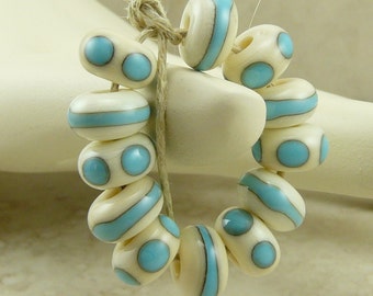 12 Dots N Dashes Ivory and Turquoise Spacers - Western Organic Cowboy Rodeo Native - Lampwork Bead Set - SRA - I ship Internationally