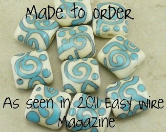 Turquoise on Ivory Zen Doodles featured in 2011 Easy Wire Magazine - Lampwork Bead Set - SRA - I ship Internationally