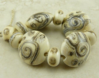 MADE to ORDER - Ancient Swirls - Silvered Ivory Spirals Dots Stripes Artifact - Lampwork Bead Set - SRA - I ship Internationally
