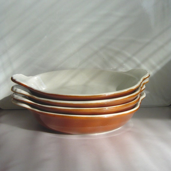 4 Vintage Brown and White Au Gratin Dishes Hall China 433