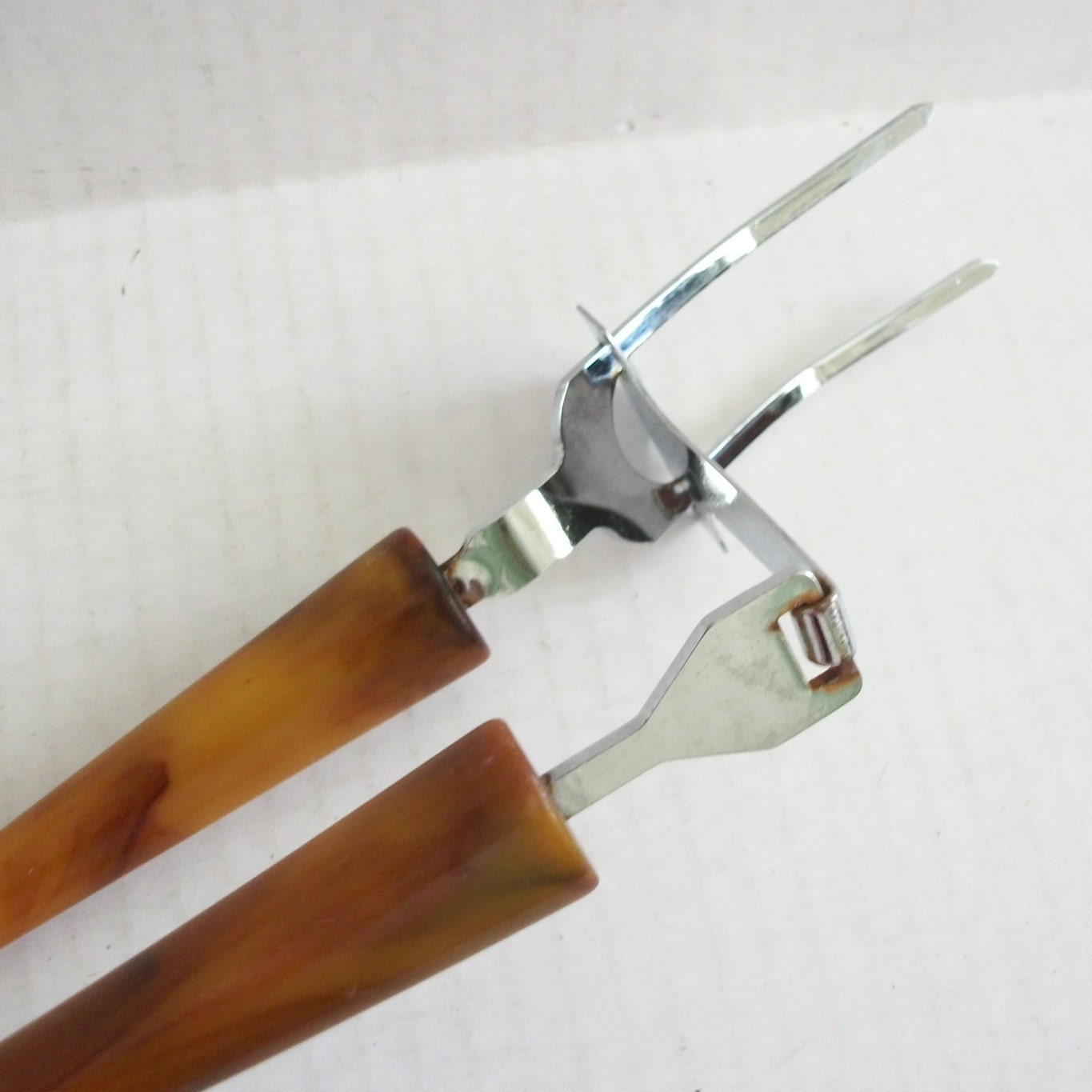 Vintage Meat Fork with Pusher Brown Plastic Handles