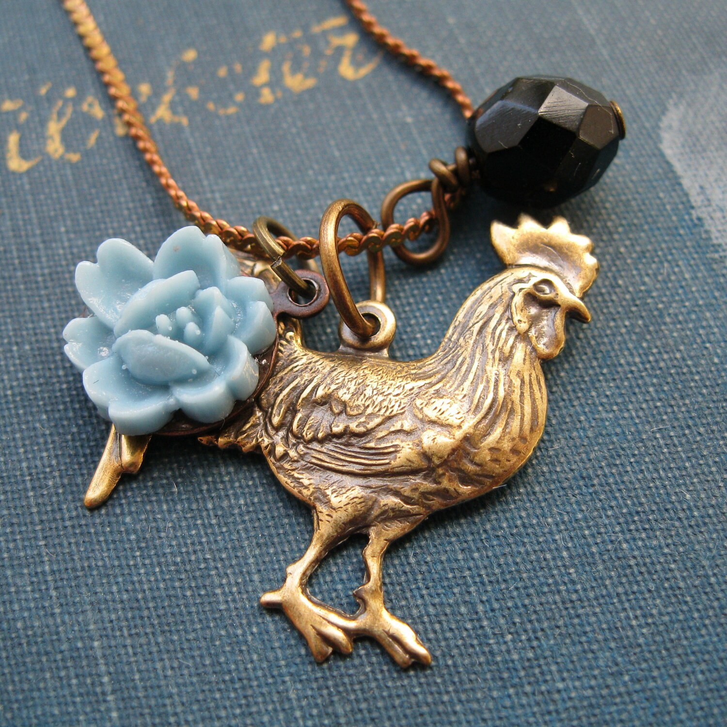 Rooster Necklace Blue Flower Charm Necklace country chic