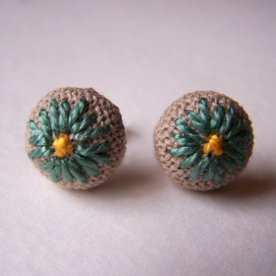 Green Daisy Embroidered Earrings Surgical Steel Posts Studs Spring Brown Yellow