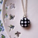 Tiny Black Checkers Necklace - Silver Plated Chain - Cross Stitched