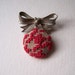 Houndstooth Silver Bow Pin in Cranberry and Brown Emroidered Cross Stitched