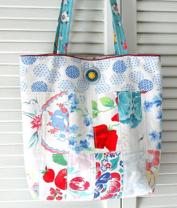 Vintage Tablecloth and Feedsack Patchwork Tote Bag Purse