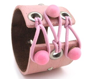 Rustic Pink Leather Cuff Bracelet with Elastic and Vintage Button Corset, Womens Accessories, EcoFriendly, Reclaimed Leather, OOAK