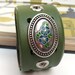 EcoCuff - Silver Flower Oval on Olive Green Reclaimed Leather - OOAK