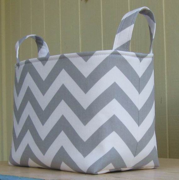 Fabric Storage Bin Organizer Chevron Grey White Zig Zag