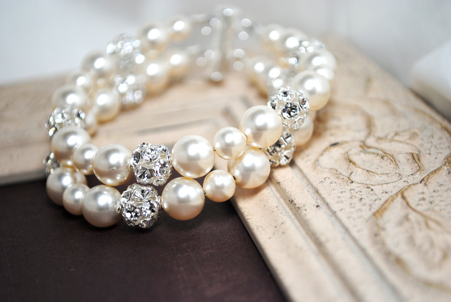 Ivory Pearl Bridal Bracelet 2 Strand Rhinestone Sparkle