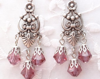 Light Amethyst Chandeliers- Antiqued Silver Victorian Style Earrings