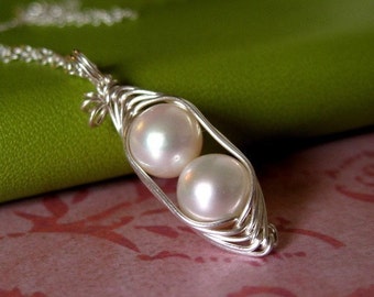 Two peas in a pod necklace - peapod necklace - mothers necklace with white freshwater pearl - sterling silver or 14k gold filled