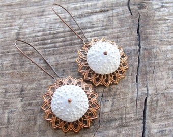 Sea Urchin Collection - Vintage Copper and White Earrings
