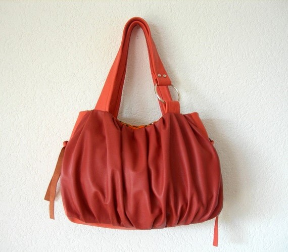 Pomegranate Pleated Leather Bag in Brick and Coral by iragrant