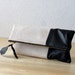 Leather Clutch in Black Italian Leather and Beige Linen - Indie Patchwork Series